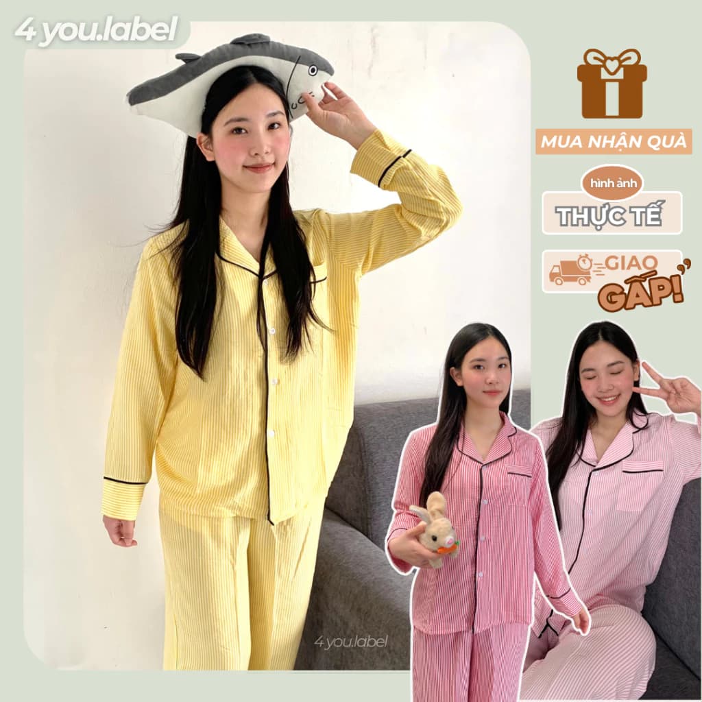 Bộ Đồ Ngủ Pijama Dài Tay Vải Đũi Xốp Vân Kẻ Sọc Hot Trend Thoáng Mát Form Rộng Dễ Mặc Trẻ Trung BN09 | 4YOU.LABEL