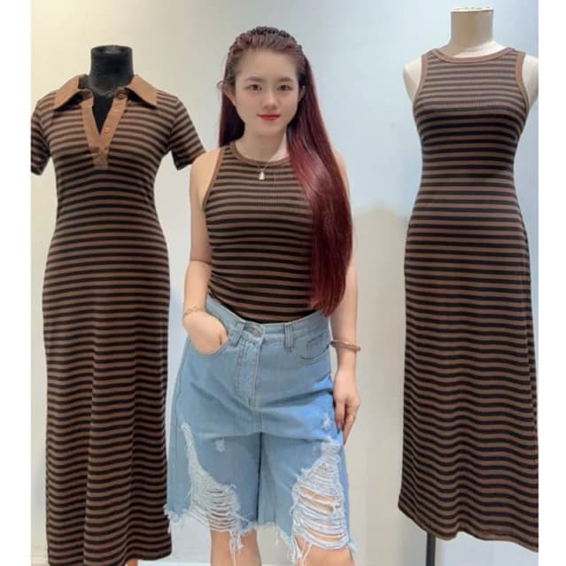 CB Bộ 3 : Váy Polo Trụ Kẻ + Váy Body Ba Lỗ Kẻ  + Áo Ba Lỗ Kẻ