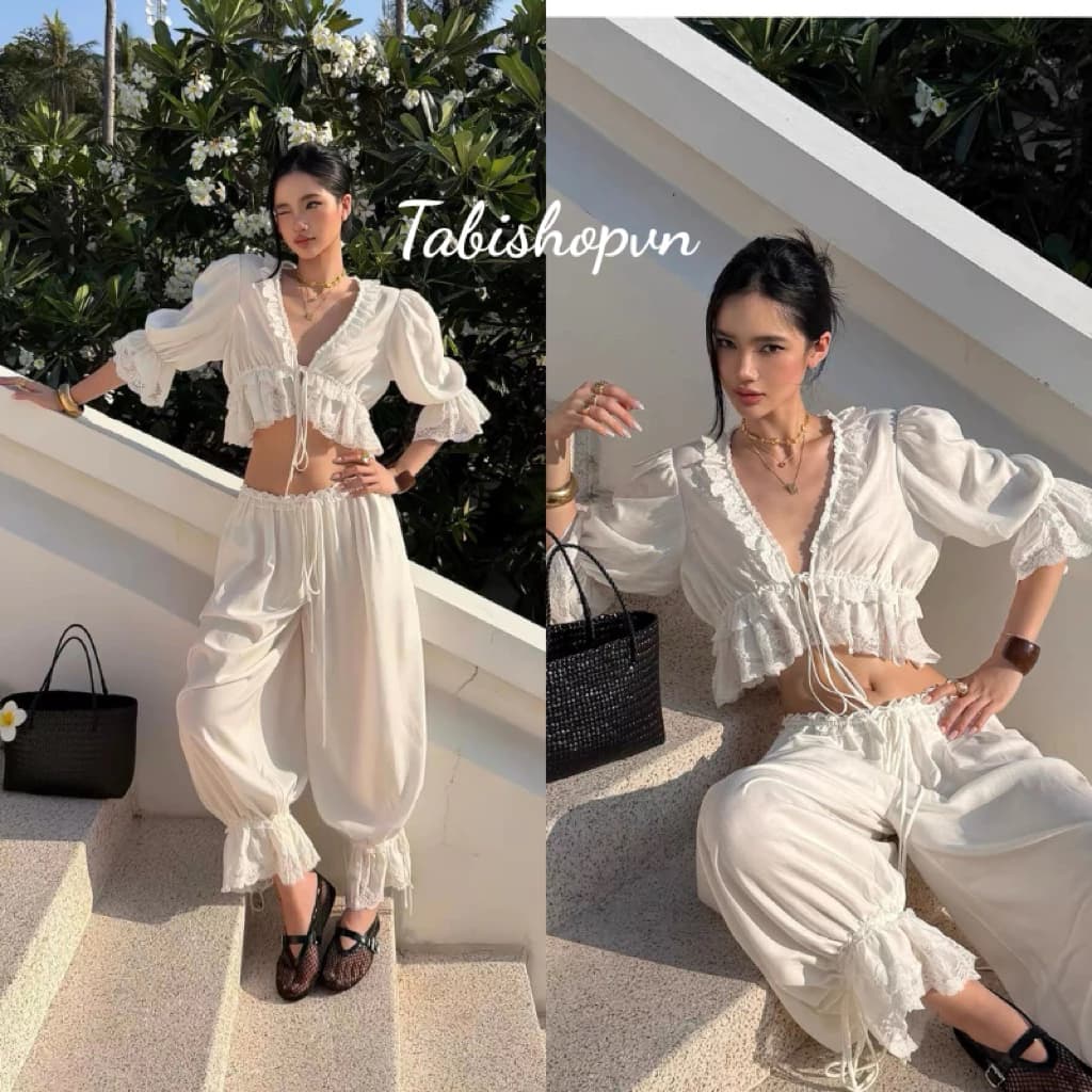 Set áo tay lửng cổ V kèm quần đèn lồng phối ren TABISHOP Set đồ nữ sang chảnh mặc hè đi chơi du lịch(322)