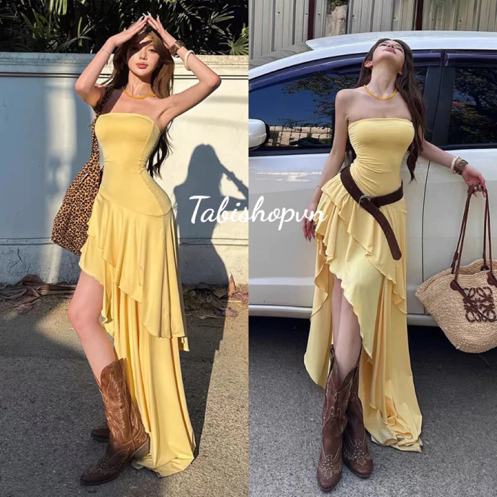 Đầm body cúp ngực tà lệch bèo tầng TABISHOP Váy nữ ôm eo sexy tôn dáng màu vàng nổi bật mặc hè đi chơi(324)