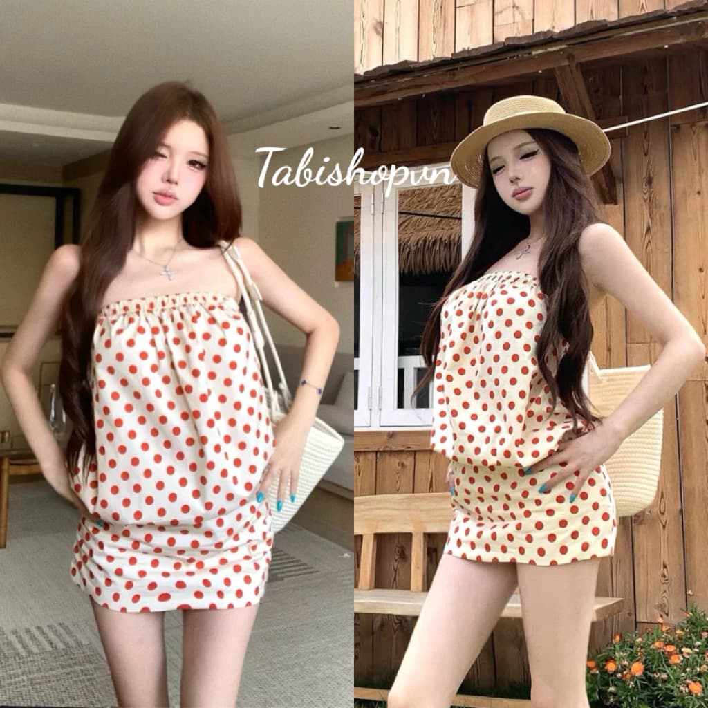 Đầm ống hoạ tiết chấm bi đỏ TABISHOP Váy nữ bo eo tôn dáng mặc hè đi chơi(328)