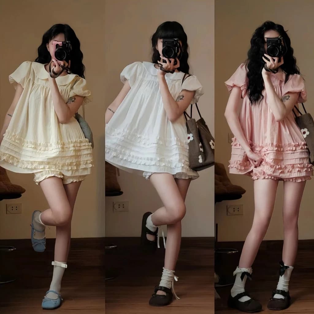 (KÈM QUẦN) Set Áo váy sơ mi kiểu nữ S240 Kozoda chất gió hàn họa tiết viền bèo babydoll tiểu thư ngắn tay form rộng thời