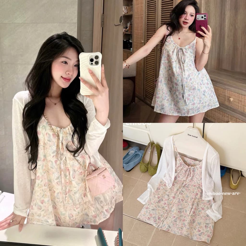 [Hàng Chuẩn QC] Set váy hai dây babydoll hoa lá hồng kèm áo cardigan mỏng khoác ngoài siêu xinh A5664
