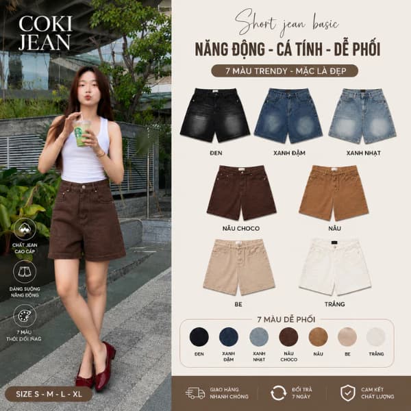 Quần Short Jean Nữ Ngố Ống Rộng Nhiều Màu Lưng Cao Basic