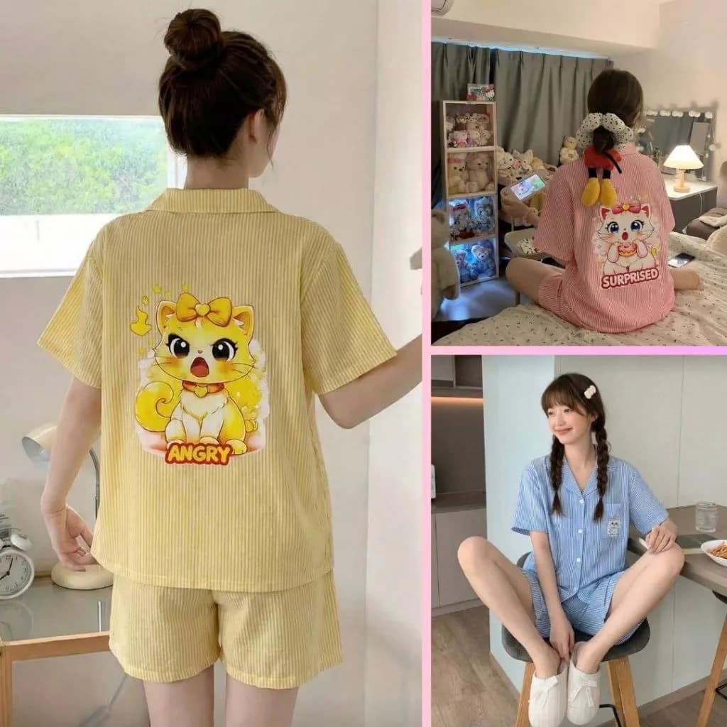 Bộ Pijama nữ tay cộc quần đùi họa tiết mèo xinh , set đồ ngủ cộc tay in mèo cute mặc ở nhà xinh xắn