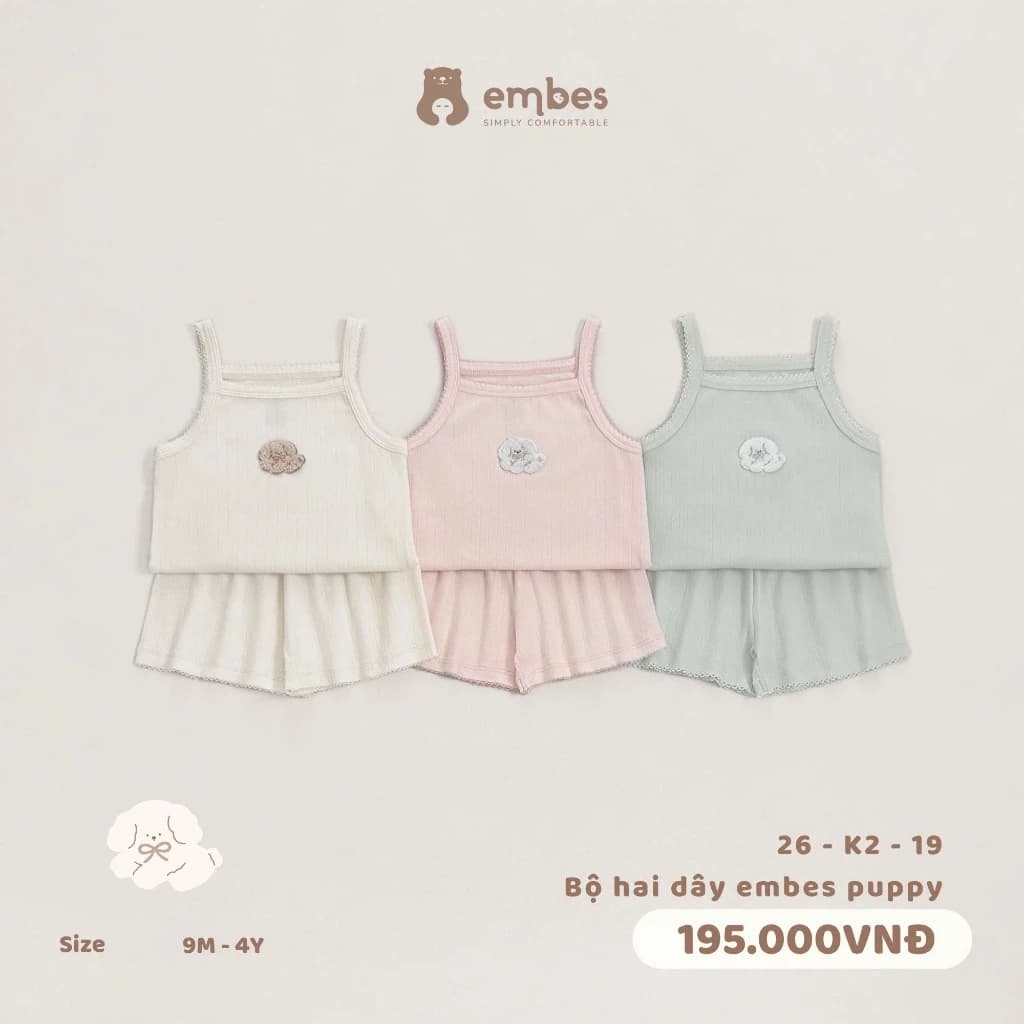 Bộ Bé Gái Embes, Bộ Hai Dây Ngực Thêu Hình Chất Thông Hơi Thoáng Mát Mềm Mại Cho Bé Gái Từ 8-17Kg