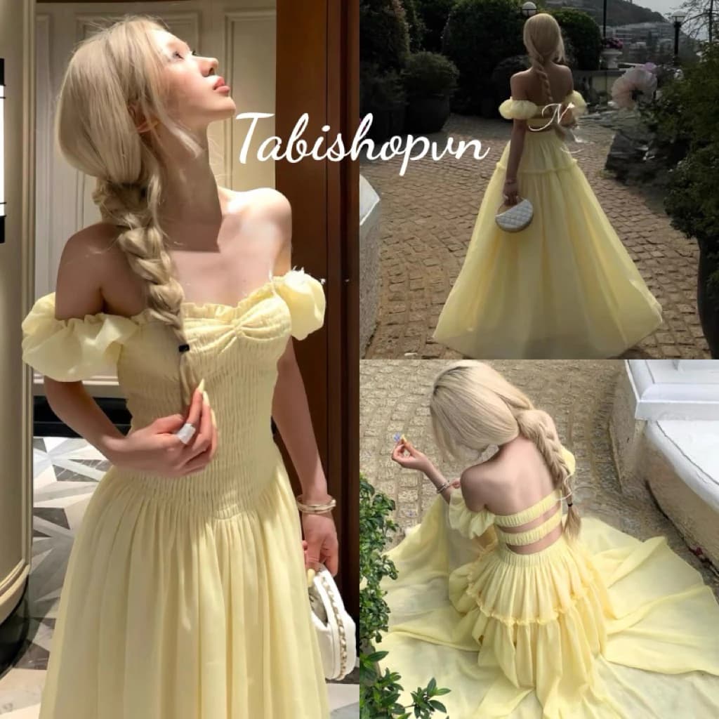 Đầm maxi trễ vai hở lưng màu vàng TABISHOP váy dài nữ mặc hè đi biển sang chảnh (325)