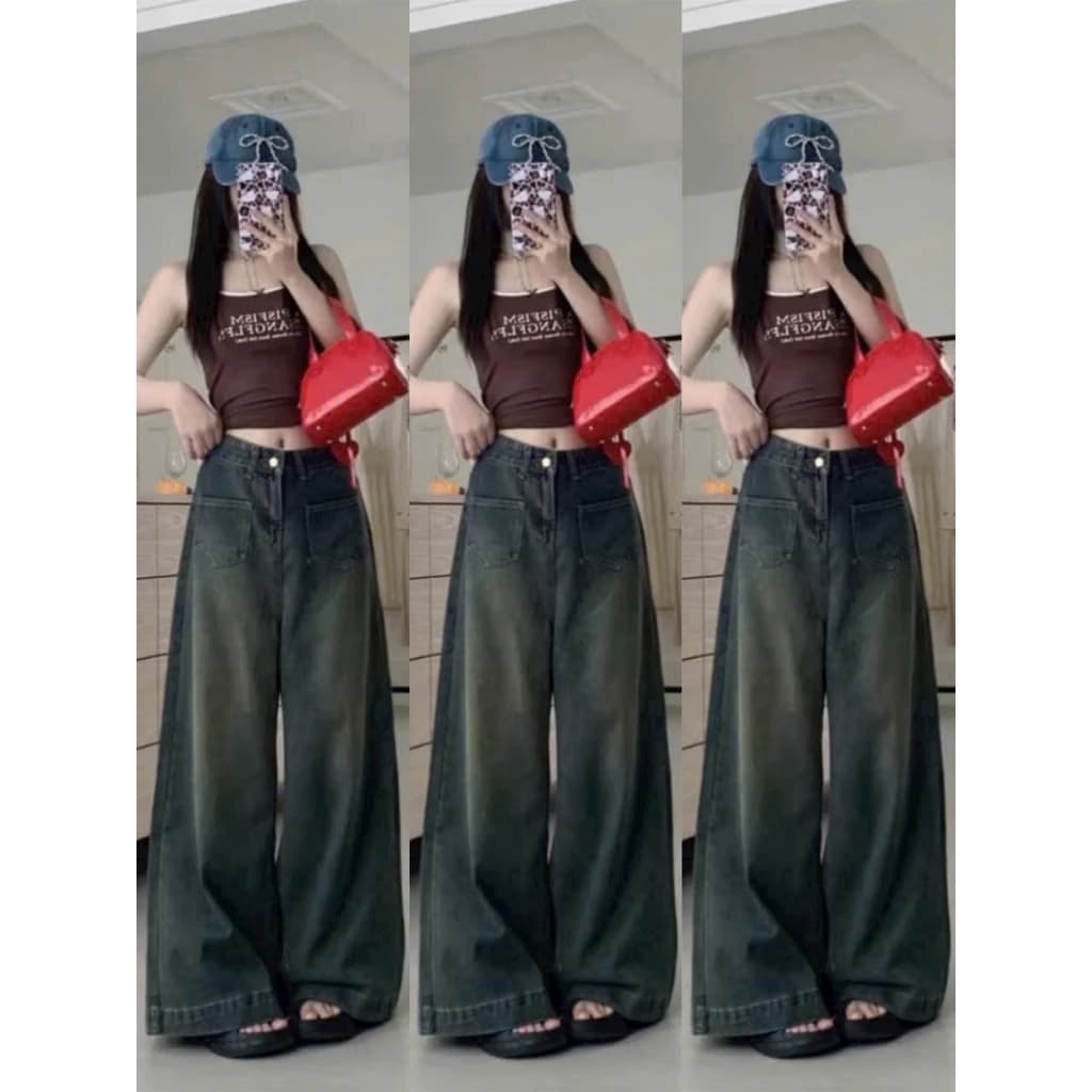 [COOLJEANS] QUẦN JEANS NỮ ỐNG RỘNG TÚI DÁN GẤU TO CẠP CAO PHONG CÁCH HÀN QUỐC