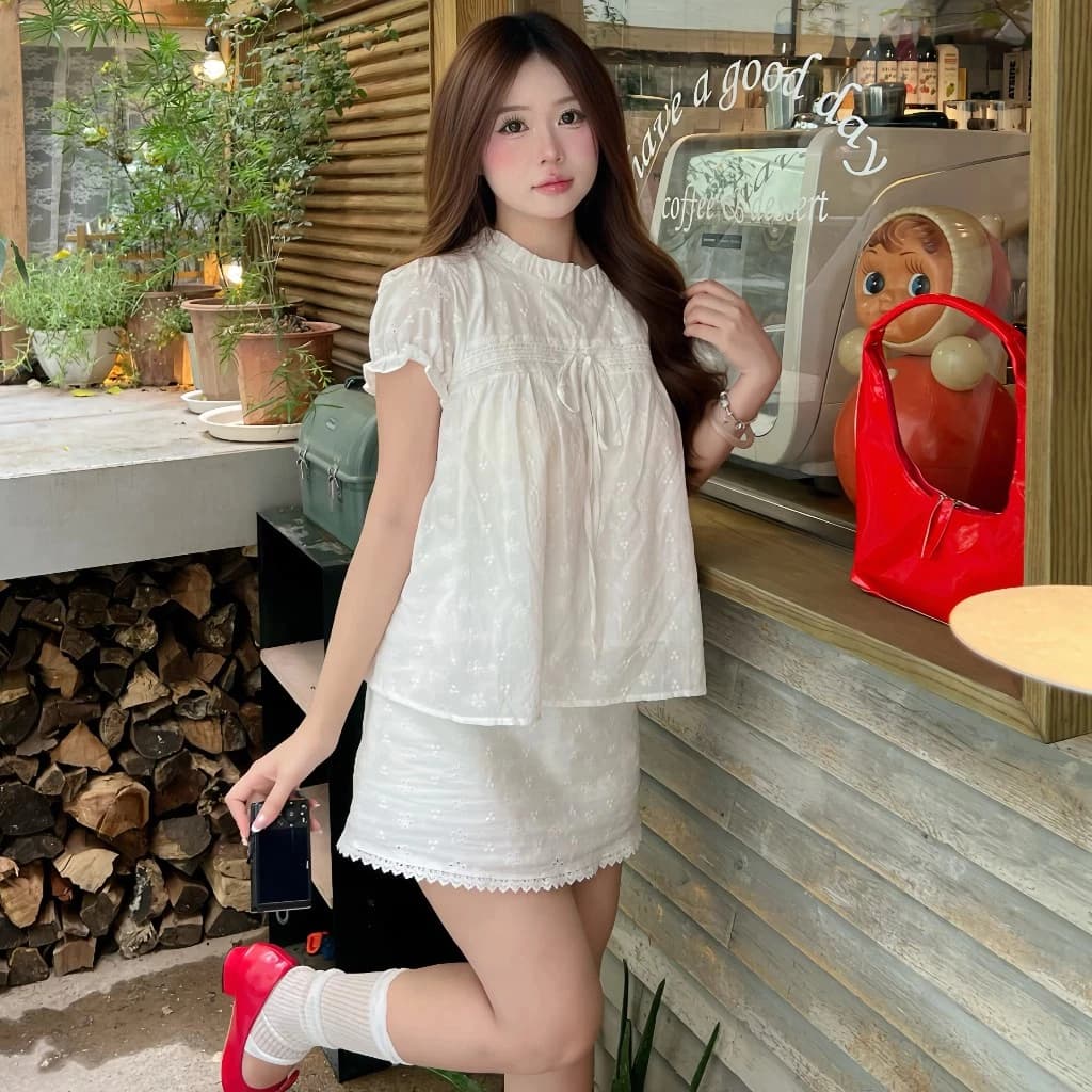 (Hàng L1) Set bộ babydoll 2 lớp tay bồng thô ren thêu hoa, thắt nơ phối chân váy ren Bun222