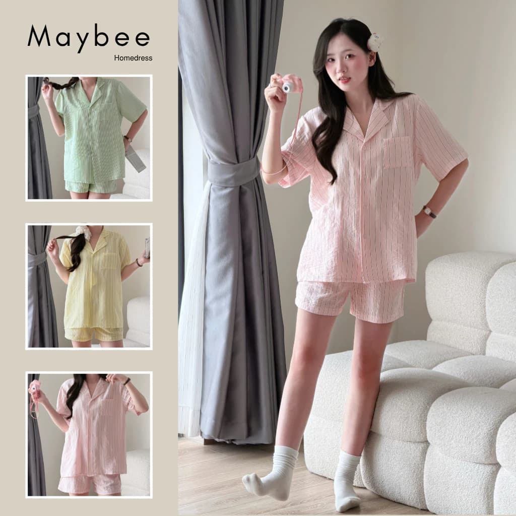 MB-SET-027 Set đồ ngủ ngắn tay sọc trắng kẹp đen cổ bẻ Maybee Homedress