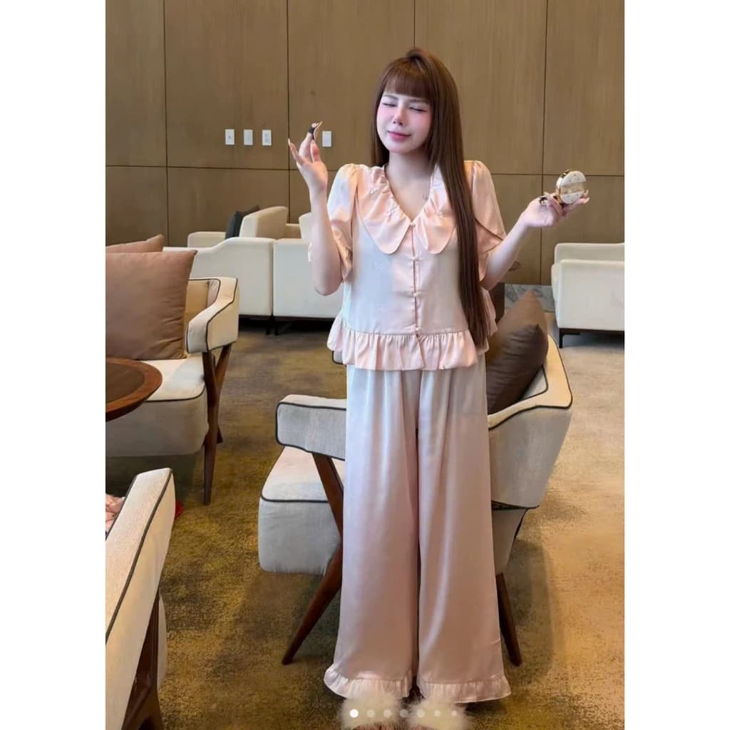 Bộ ngủ lụa gấm nơ nhí tay cộc quần dài phom áo ngắn xinh sắn (A015)