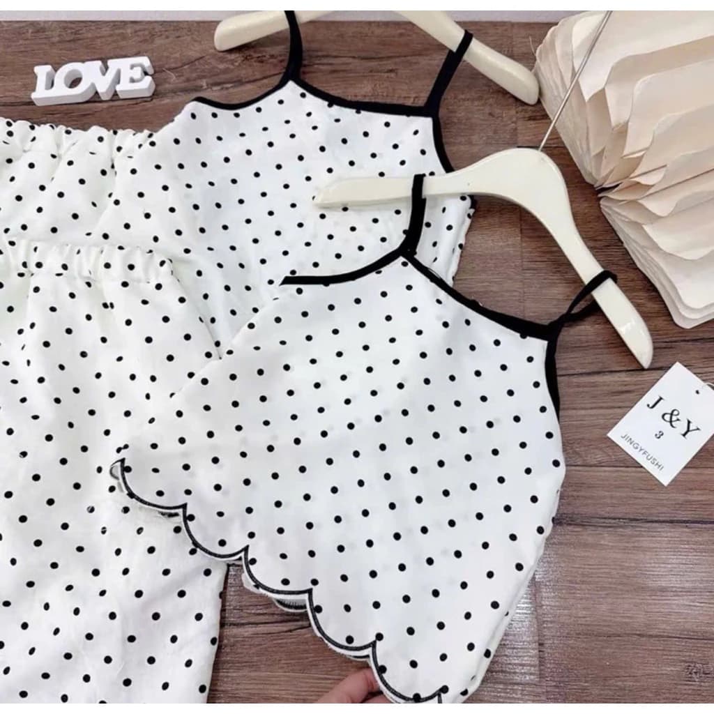 [Mới về ] Set áo 2 dây kèm cv dài chấm bi viền bèo xinh xắn cho bé gái diện đi chơi ,đi du lịch (9-30kg) [D1]