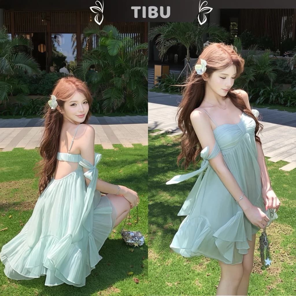 TIBU - Đầm Babydoll Hai Dây Tay Buộc Nơ Hở Lưng Dễ Thương Đi Chơi Biển Mùa Hè D738