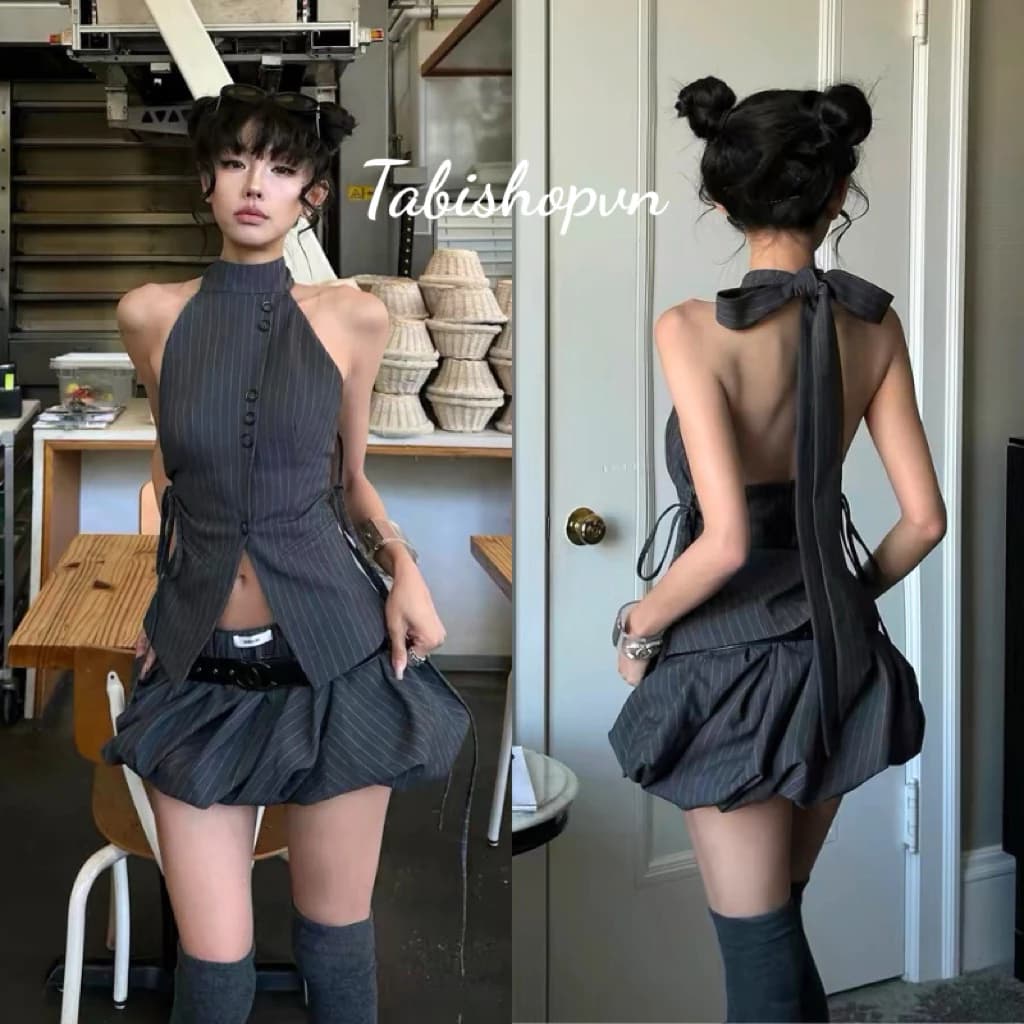 Set áo yếm sọc cut out kèm  váy bí TABISHOP Set đồ nữ cá tính cool girl lạ mắt(334)