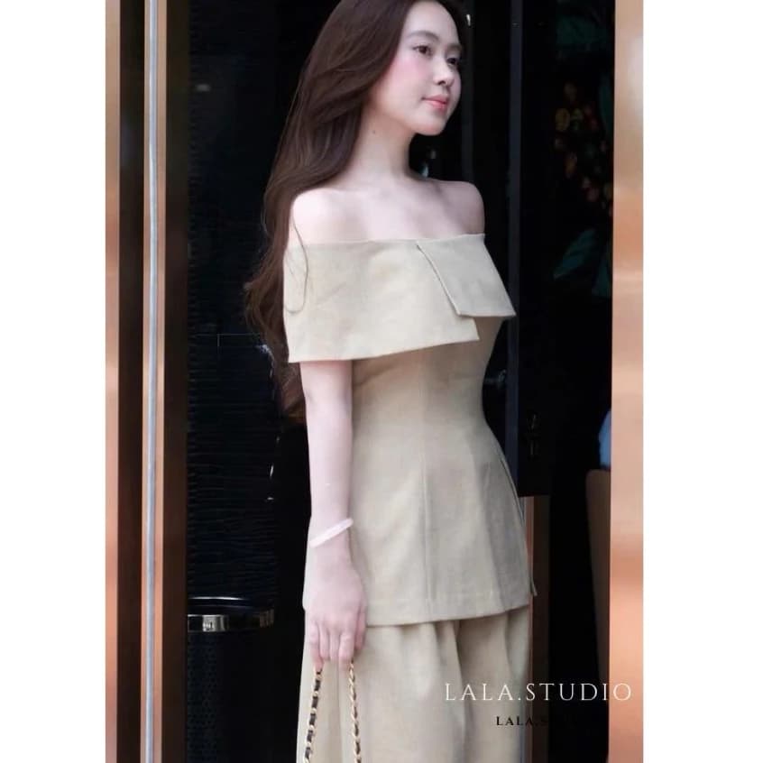 Mignon•LALASTUDIO• set 2 món| Áo trễ vai siết eo xẻ tà kèm quần dài ống xuông cao cấp tiểu thư sang chảnh ( hàng chuẩn)