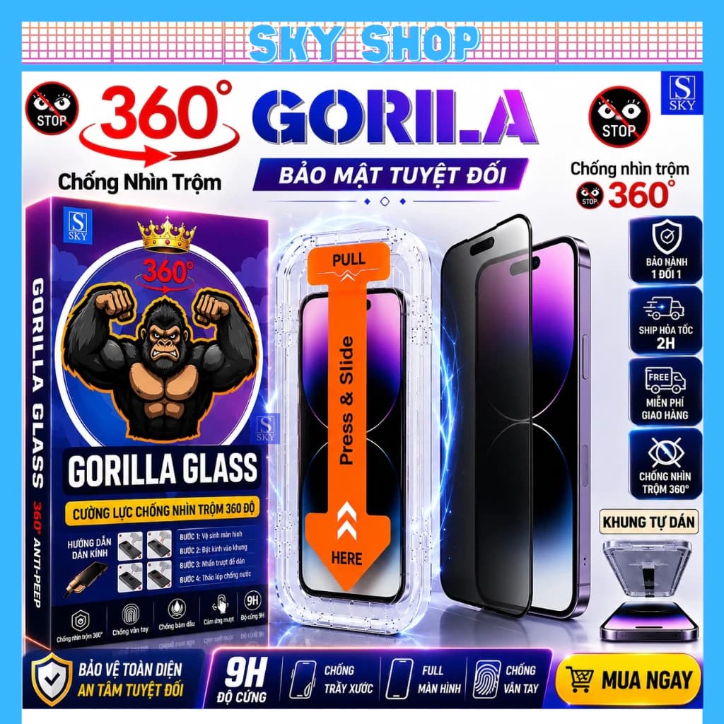 Kính Cường Lực iphone Chống Nhìn Trộm 360 Độ Tự dán rút bụi GORILA GLASS cho ip 17 ProMax 16 15 14 13 12 11 Xs Max