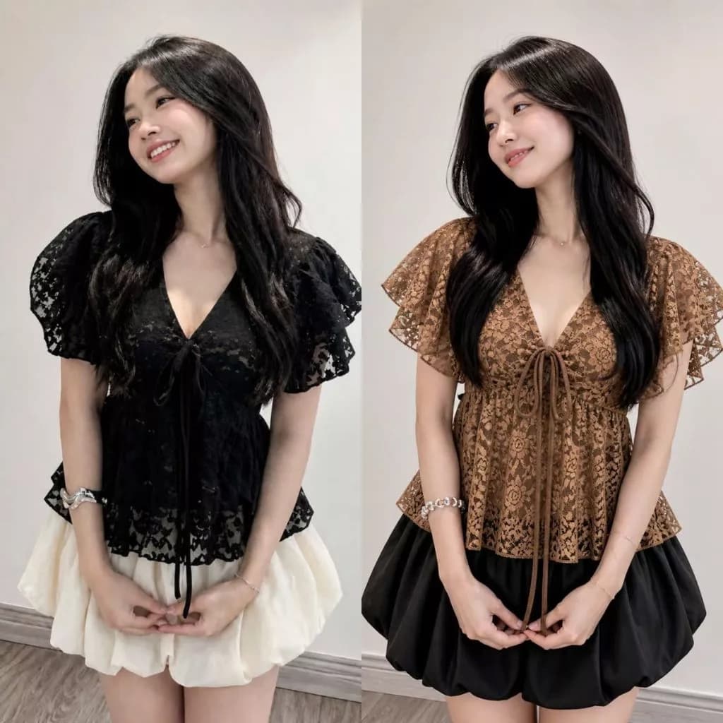 Áo Ren Nữ Bigsize Cổ V Tay Loe Xếp Tầng Dây Rút Thắt Nơ Eo Form Xòe Nữ Tính Sang Chảnh Tôn Dáng-A353