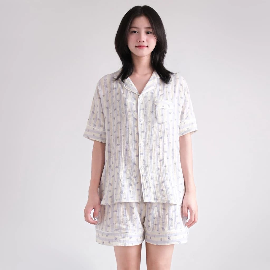 Đồ Ngủ Nữ Tay Ngắn Và Dài - Đồ Mặc Ở Nhà Chất Liệu Xô Muslin Thoáng Mát - STRIPE FLORA MUSLIN PYJAMA