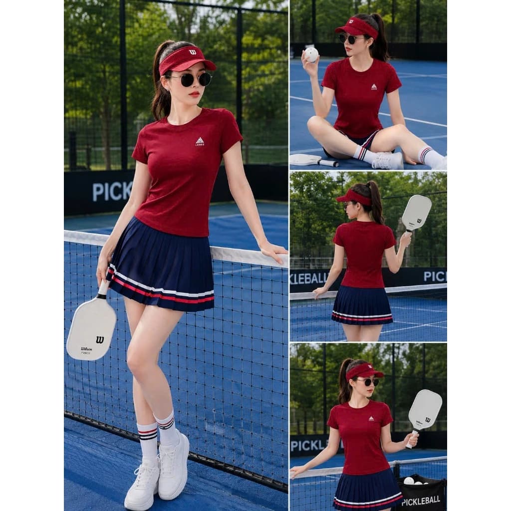 [Pickleball NEW]Bộ thể thao nữ, Áo thun tăm sát mix chân váy xếp li cạp dệt tập pickleball, tennis, cầu lông , golf