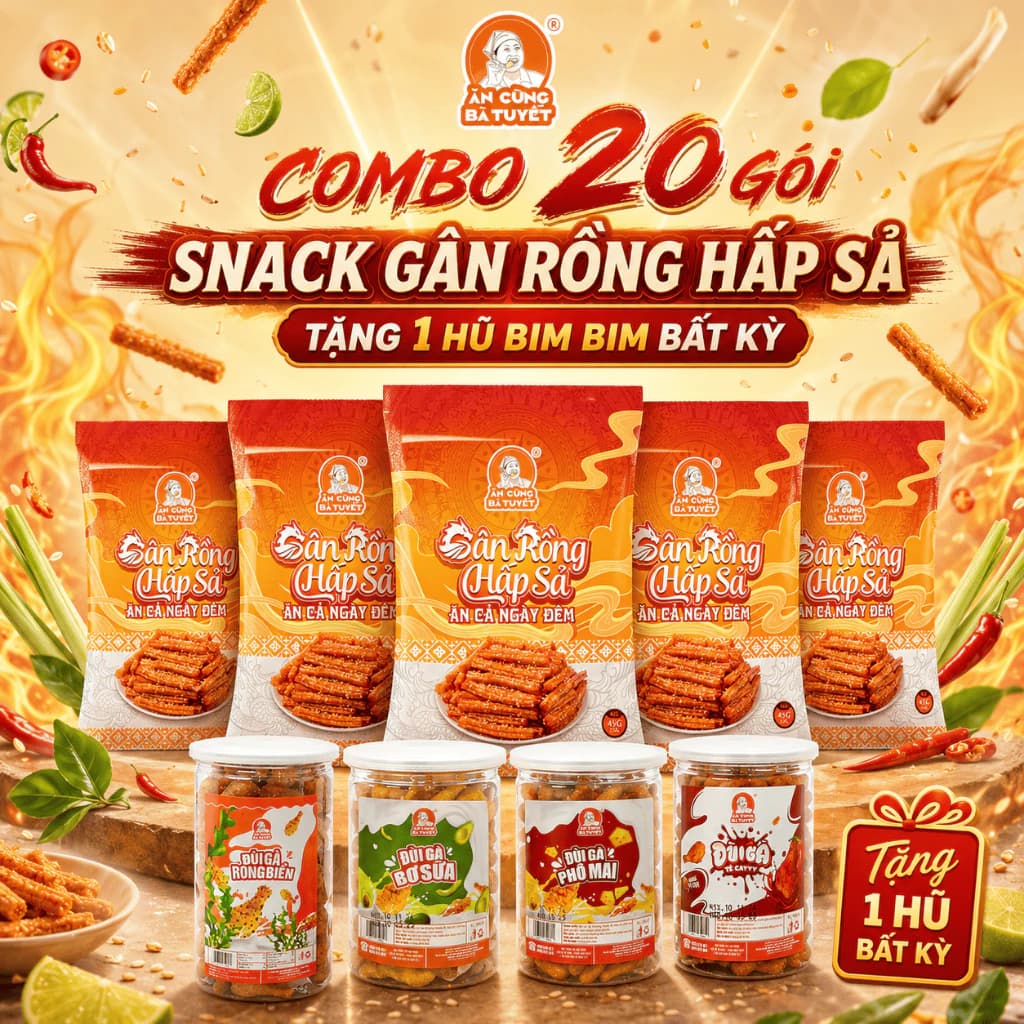 [ tặng 1 hũ bim bim bất kì  ] Combo 20 gói  Snack GÂN RỒNG HẤP SẢ - ĂN CÙNG BÀ TUYẾT M13