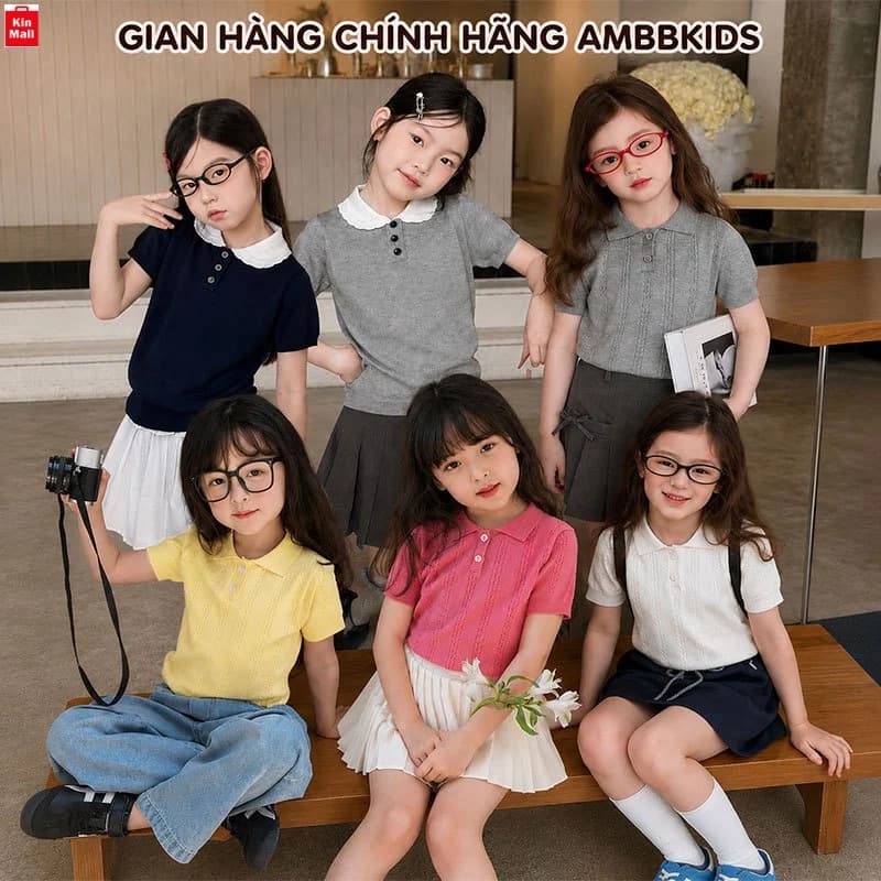 𝟐𝟎𝟐𝟔 Áo Len Tay Ngắn Dệt Kim Phong Cách Hàn Quốc,Vải Mỏng Nhẹ Mát Xinh Xắn Cho Bé Gái Mặc Đi Chơi,Đi Học, Hãng Ambbkids