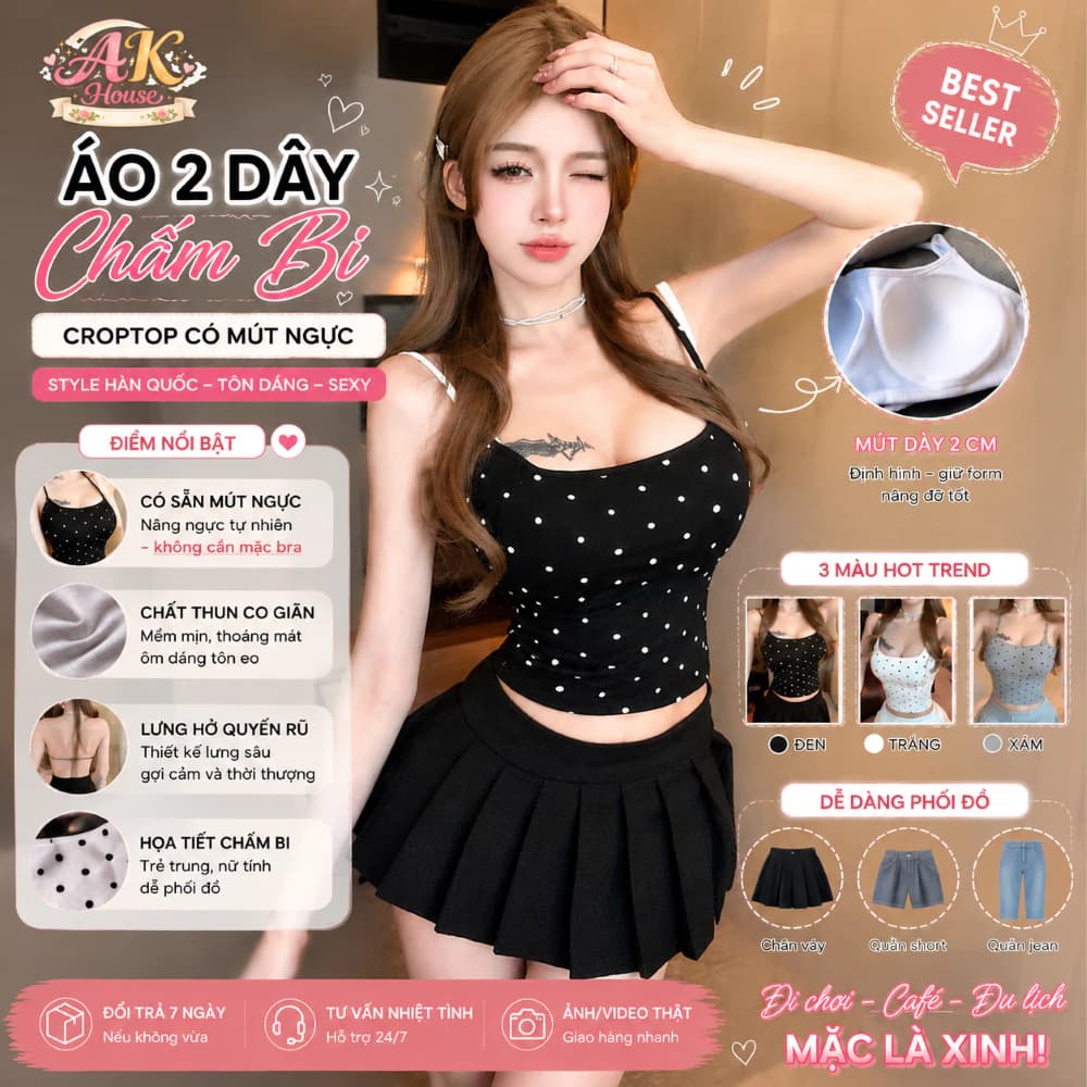 Áo 2 Dây AB1 Chấm Bi Có Mút Ngực Nữ Croptop Ôm Body Lưng Hở Style Hàn Quốc Sexy Ulzzang GenZ