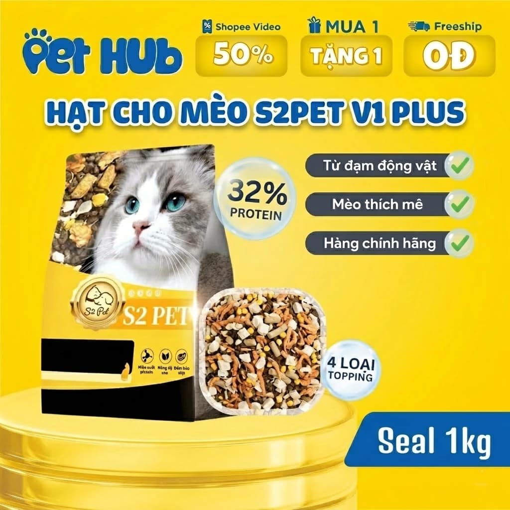 [1KG] Hạt Mèo S2PET V1 Đạm 32%, Hạt S2 Pet Mix Thịt Đông Khô, Kích Thích Thèm Ăn