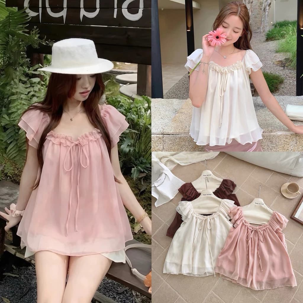 (Hàng sẵn) Áo babydoll Voan Tơ 2 lớp, Tay Cánh Tiên cổ vuông bèo ngực thắt nơ siu xinh SUGAR TOP