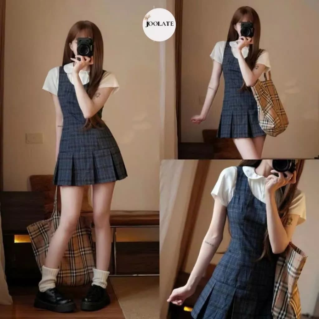 Set Váy Yếm Kẻ Caro Xếp Ly Dáng Ngắn Mix Áo Thun Cổ Sen StyleTiểu Thư Dễ Thương Đi Chơi Xinh Xắn Joolate set21372