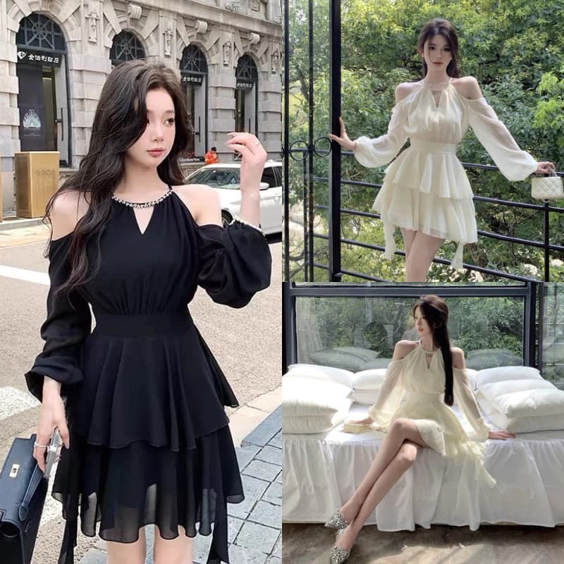 Váy Cổ Yếm Hở Vai 2 Tầng Dáng Ngắn Tiểu Thư Dây Eo Phong Cách Tiểu Thư Siêu Xinh MS144