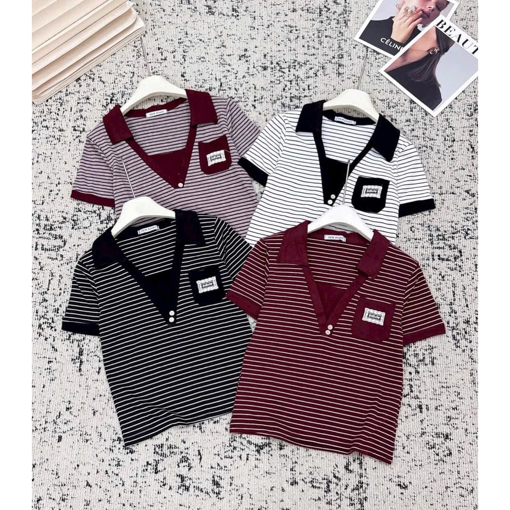 🛹 Áo Polo Nữ Kẻ Sọc Cổ V Giả Hai Lớp – Áo Thun Tăm Tay Ngắn Có Túi Ngực Năng Động 🛹