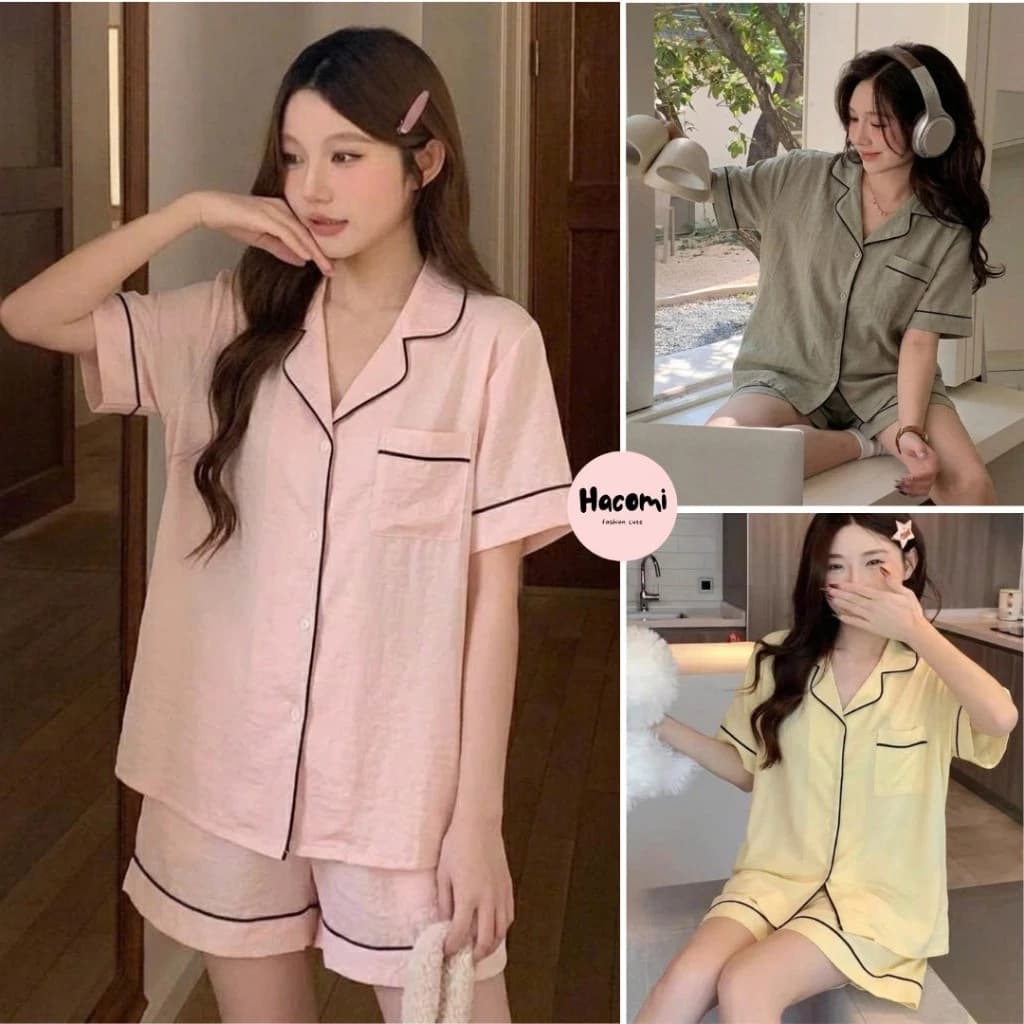 Bộ đồ ngủ nữ tay cộc chất đũi mềm mịn thoáng mát, đồ ngủ mùa hè họa tiết trơn B66