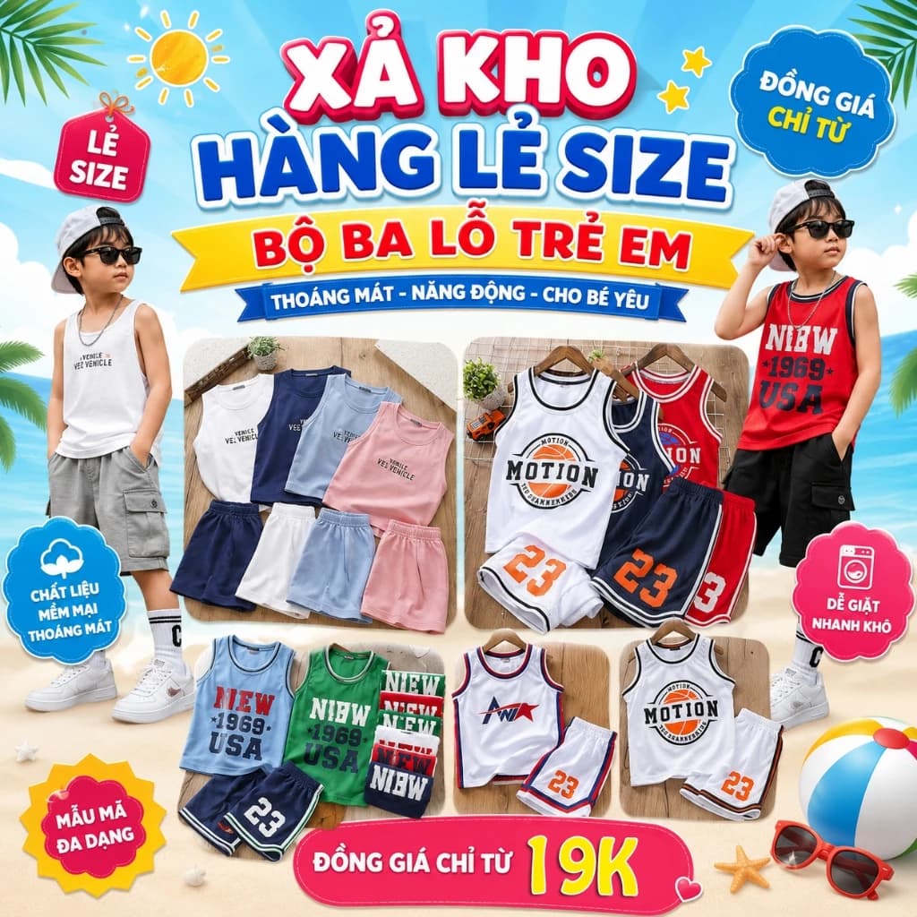 Xả Kho Bộ ba lỗ bé trai, bé gái nhiều mẫu thời trang cho trẻ em từ 6-45kg