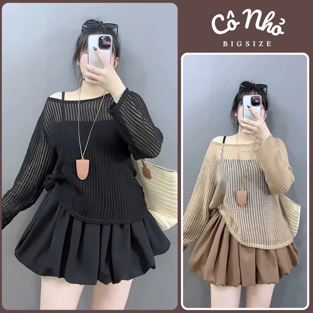 Set 3 Món Bigsize Nữ Áo Thun Lưới Tay Dài Mix Chân Váy Và Áo Hai Dây A317+G118+CV413