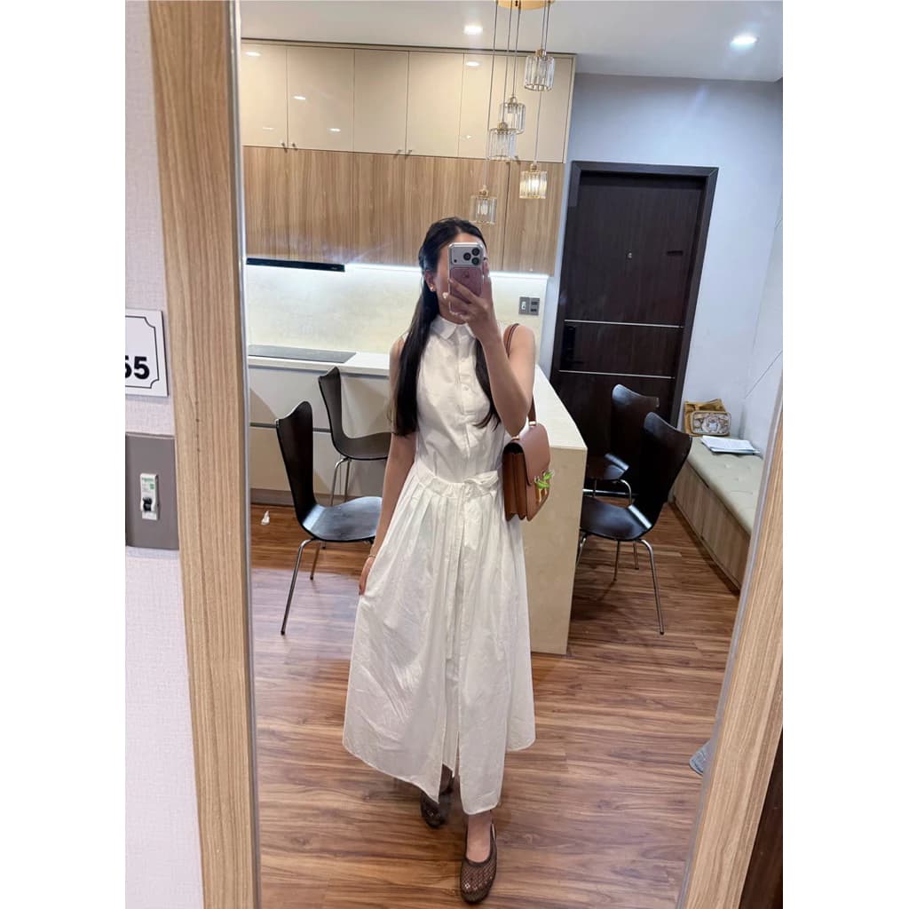 simee dress•LALASTUDIO• Váy sơ mi cổ đức sát nách dáng dài phối 2 tà chồng lớp xếp ly siết cao cao cấp thanh lịch
