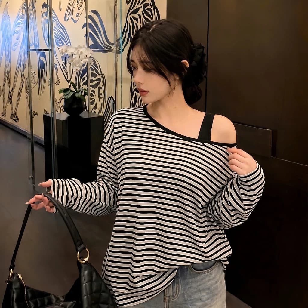 Áo Thun Bigsize Nữ Tay Dài Form Rộng Lệch Vai Che Khuyết Điểm Dễ Phối Đồ Phong Cách Hàn Quốc 50-92kg -A319