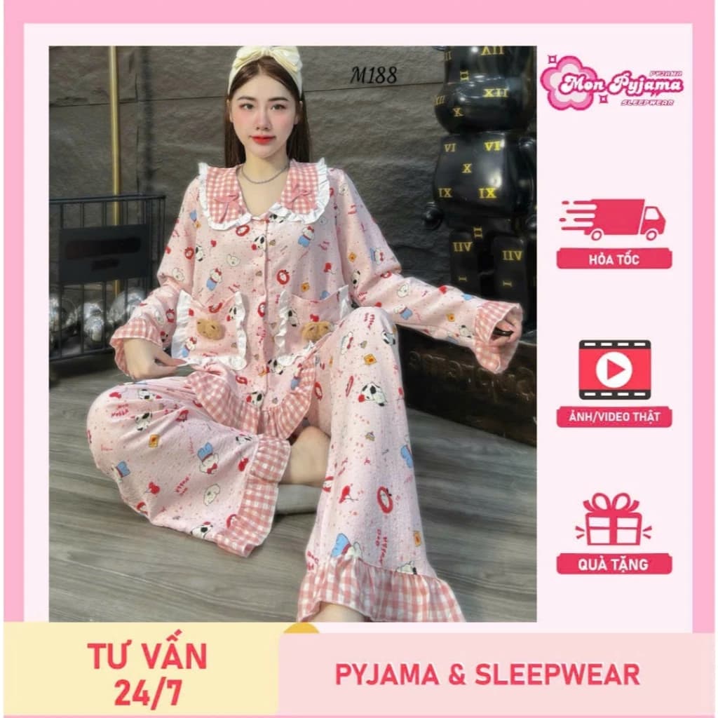 Đồ bộ nữ mặc nhà, đồ ngủ nữ dễ thương, đồ xinh đũi tiểu thư cao cấp cổ nơ họa tiết cute hottrend[11]