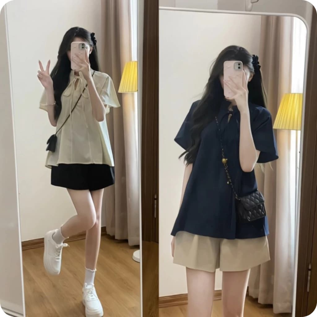 Set Áo Buộc Nơ Cổ Tàu Kèm Quần Short KaKi Ông Rộng Trẻ Siêu Xinh Phong Cách Hàn Quốc