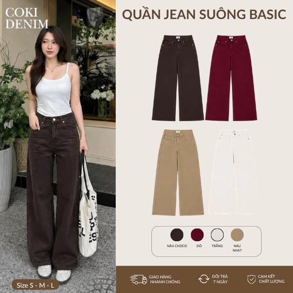 Quần Jean Nữ Suông Ống Rộng Trơn Màu Đỏ Lưng Cao