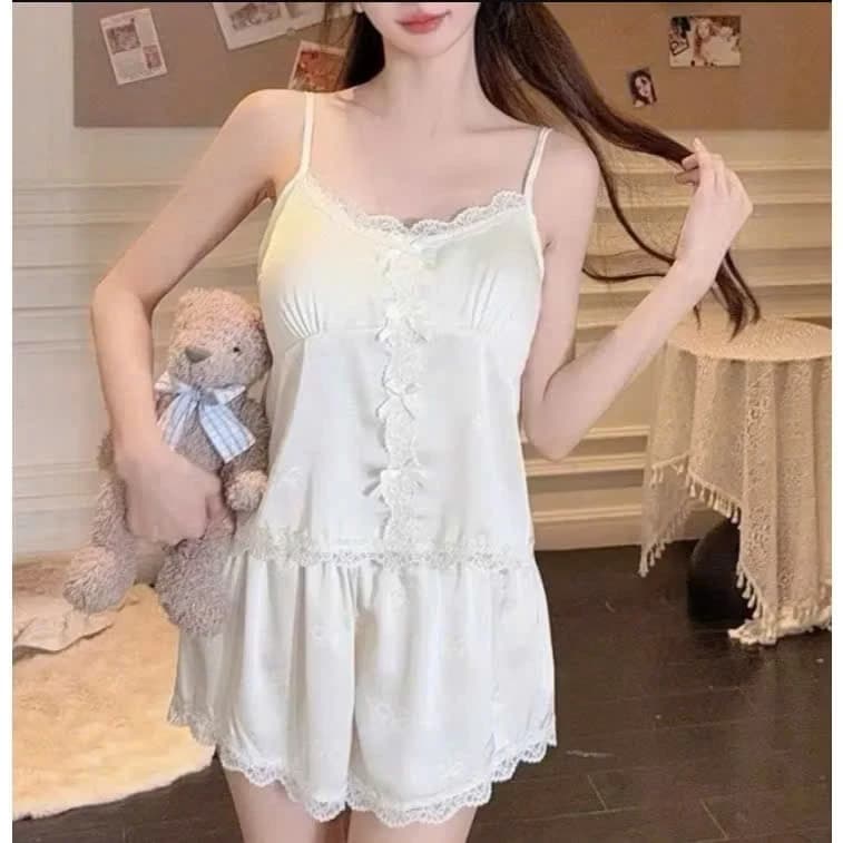 Sét ngủ 2 dây lụa mềm mịn in nổi hình nơ phối ren xinh (A017)