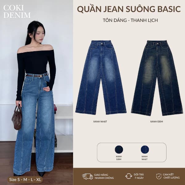 COKI - [VẢI JEAN CAO CÂP] Quần Jean Nữ Suông Ống Rộng Sọc Dọc Lưng Cao