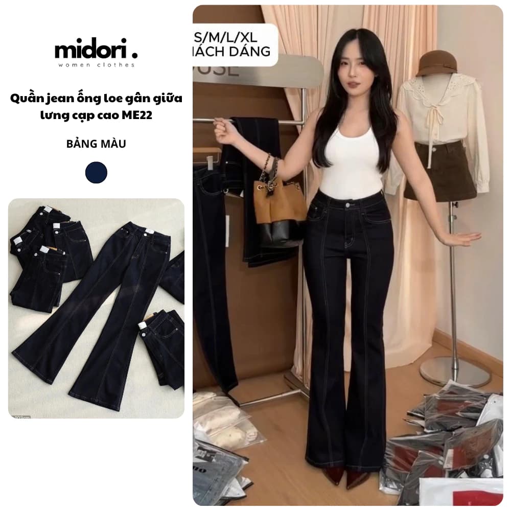 Quần jean ống loe nữ gân giữa sang chảnh Midori Shop Quần bò nữ lưng cạp cao màu xanh retro ME22