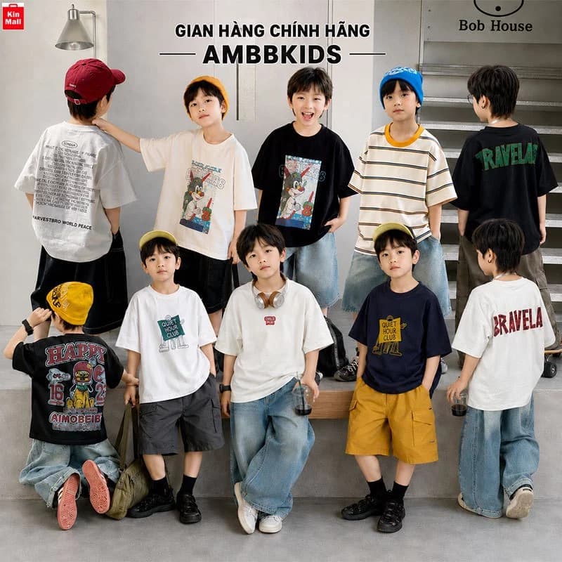 𝐍𝐞𝐰 𝟐𝟎𝟐𝟔 (14-58kg) Áo Thun Mùa Hè Ambbkids Cổ Tròn Cộc Tay Form To phong cách Hàn Quốc Cá Tính cho bé Trai