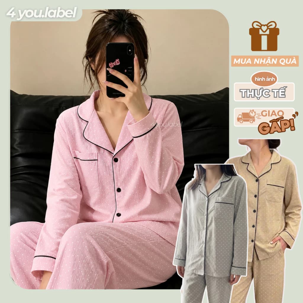 Bộ Đồ Ngủ Pijama Dài Tay Vải Đũi Cotton Mềm Nhẹ Họa Tiết Chấm Bi Tròn Form Rộng Dễ Mặc Dễ Thương BN08 | 4YOU.LABE