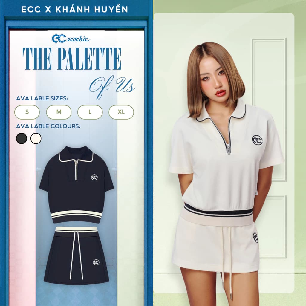 Set Bộ Chân Váy ECOCHIC B236 Áo Polo Phối Viền Logo Thêu Chân Váy Ngắn Cao Cấp Mềm Mịn Chính Hãng
