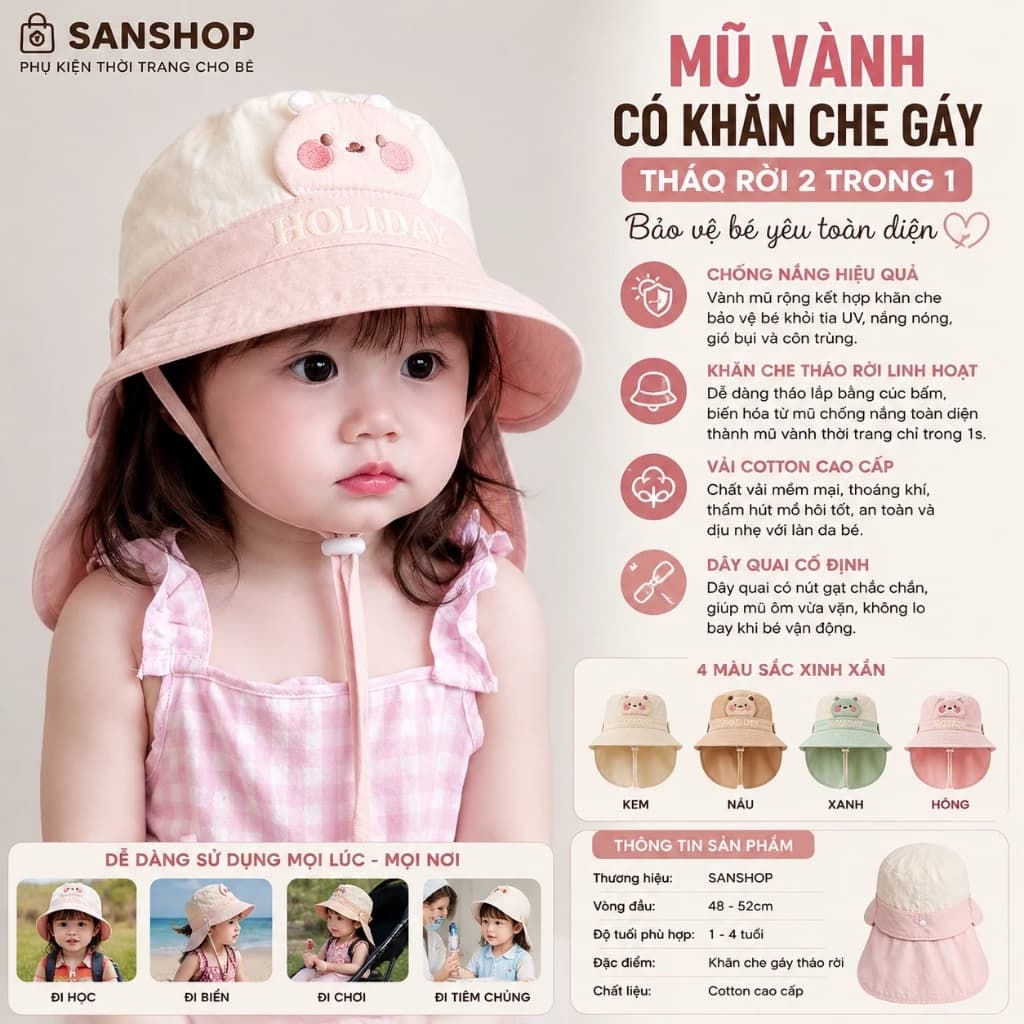 Mũ Vành Cho Bé 1 4 Tuổi Có Khăn Che Gáy Tháo Rời Nón Chống Nắng Cotton Mềm Mại Đáng Yêu Sanshop
