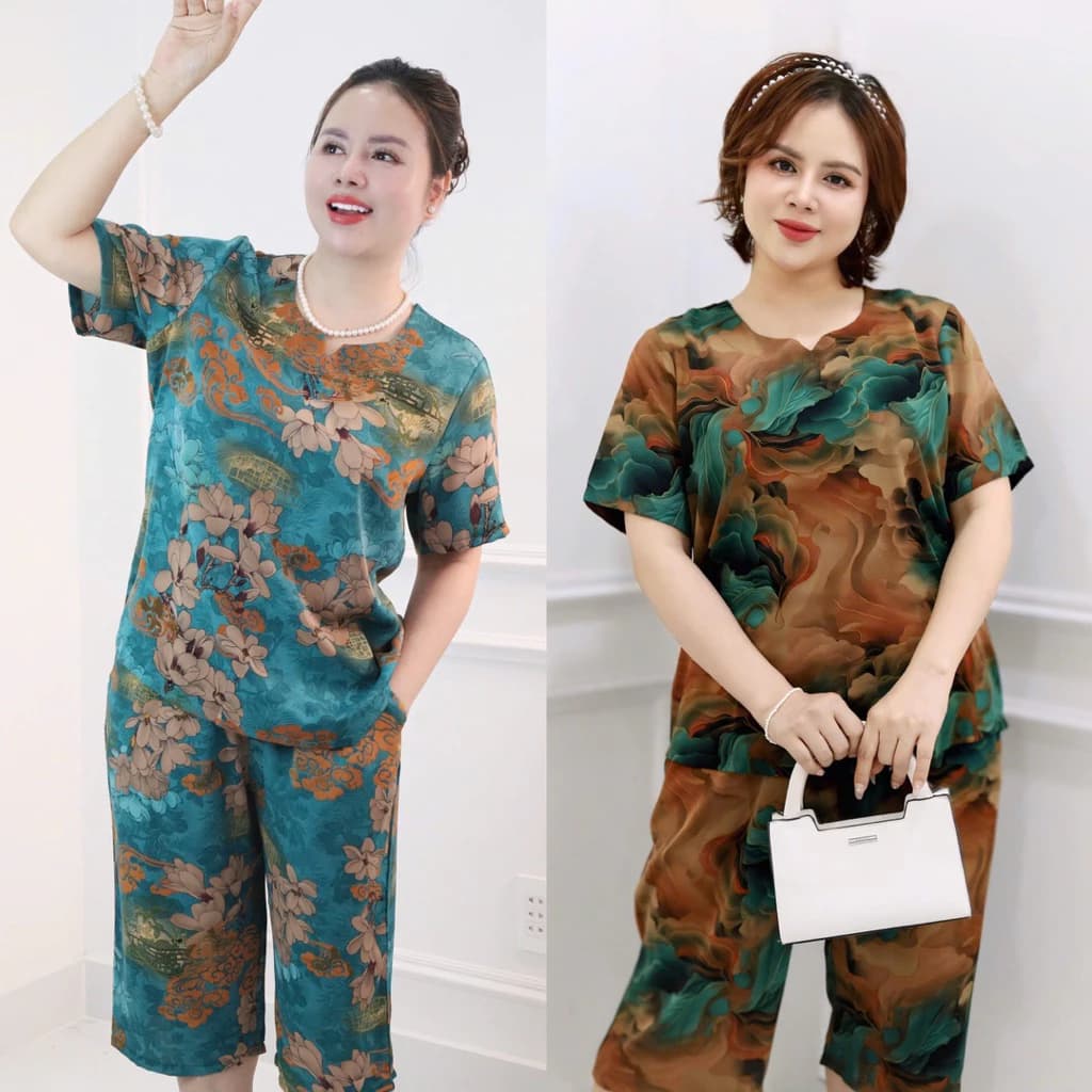 Combo 2 bộ, Đồ Bộ Trung niên cho mẹ , Áo Cổ Tròn, Quần Suông Lửng Ngang Gối Vải Lụa Hàn Mềm Mát