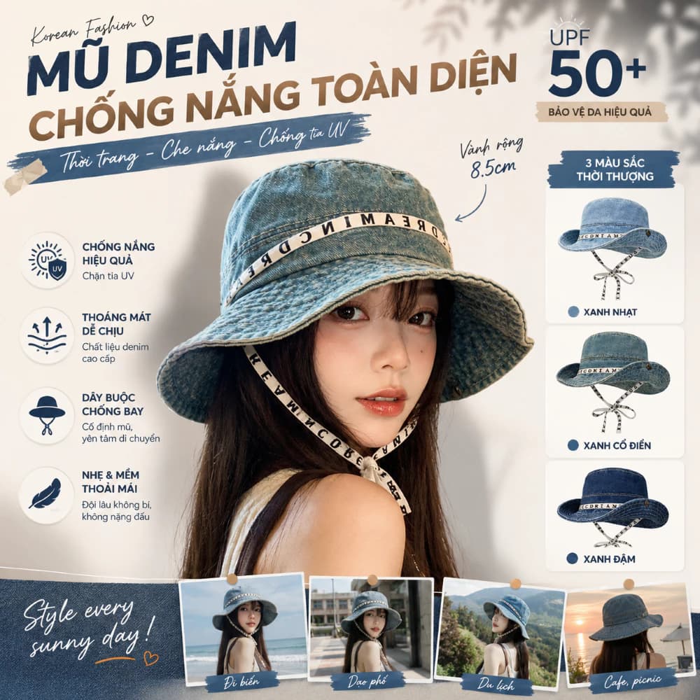 Mũ Bucket MH2 Chống Nắng UPF50+ Vành Rộng, Mũ Jean Có Dây Buộc, Mũ Đi Biển Du Lịch Hot Trend