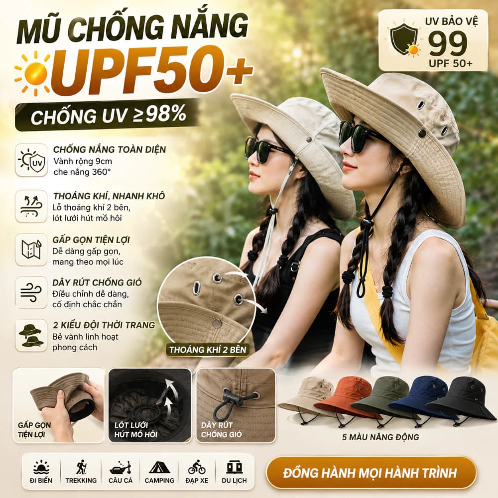 Mũ MH1 Bucket Chống Nắng UPF50+ Vành Rộng – Mũ Tai Bèo Outdoor Nhanh Khô, Gập Gọn, Nam Nữ Đều Đội