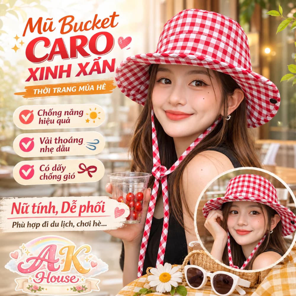Mũ Bucket Caro Nữ MH8 Form Rộng Có Dây Buộc Chống Gió – Mũ Tai Bèo Che Nắng Thoáng Mát Đi Biển Du Lịch